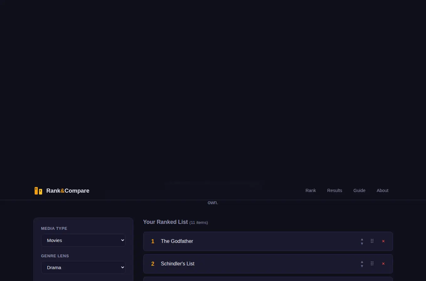 Screenshot of Personal Media Rank and Compare interface showing the project page in use